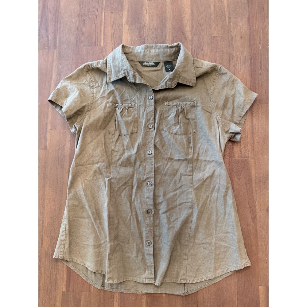 Eddie Bauer Womens Linen Cotton Short Sleeve Button Down Shirt Olive Green